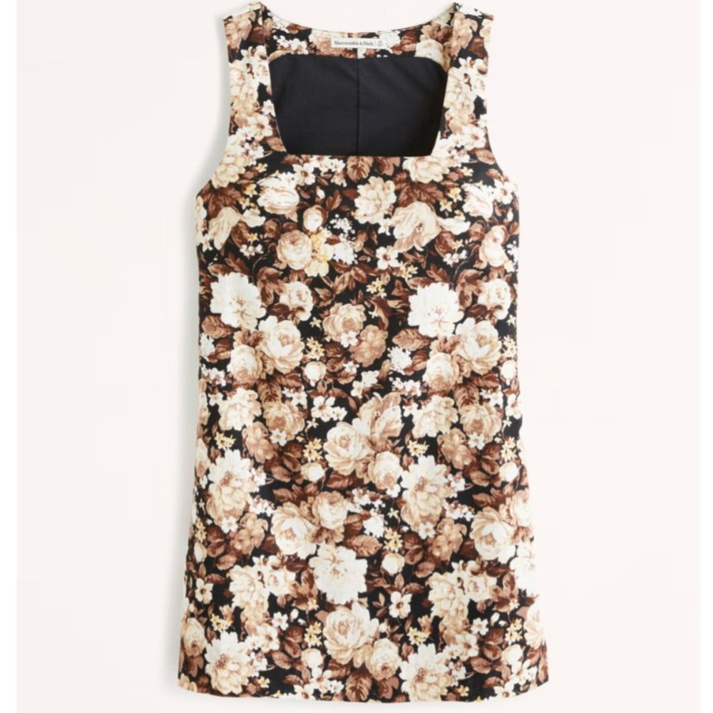 Linen-Blend Wide Strap Mini Dress - Brown Floral Shift Dress